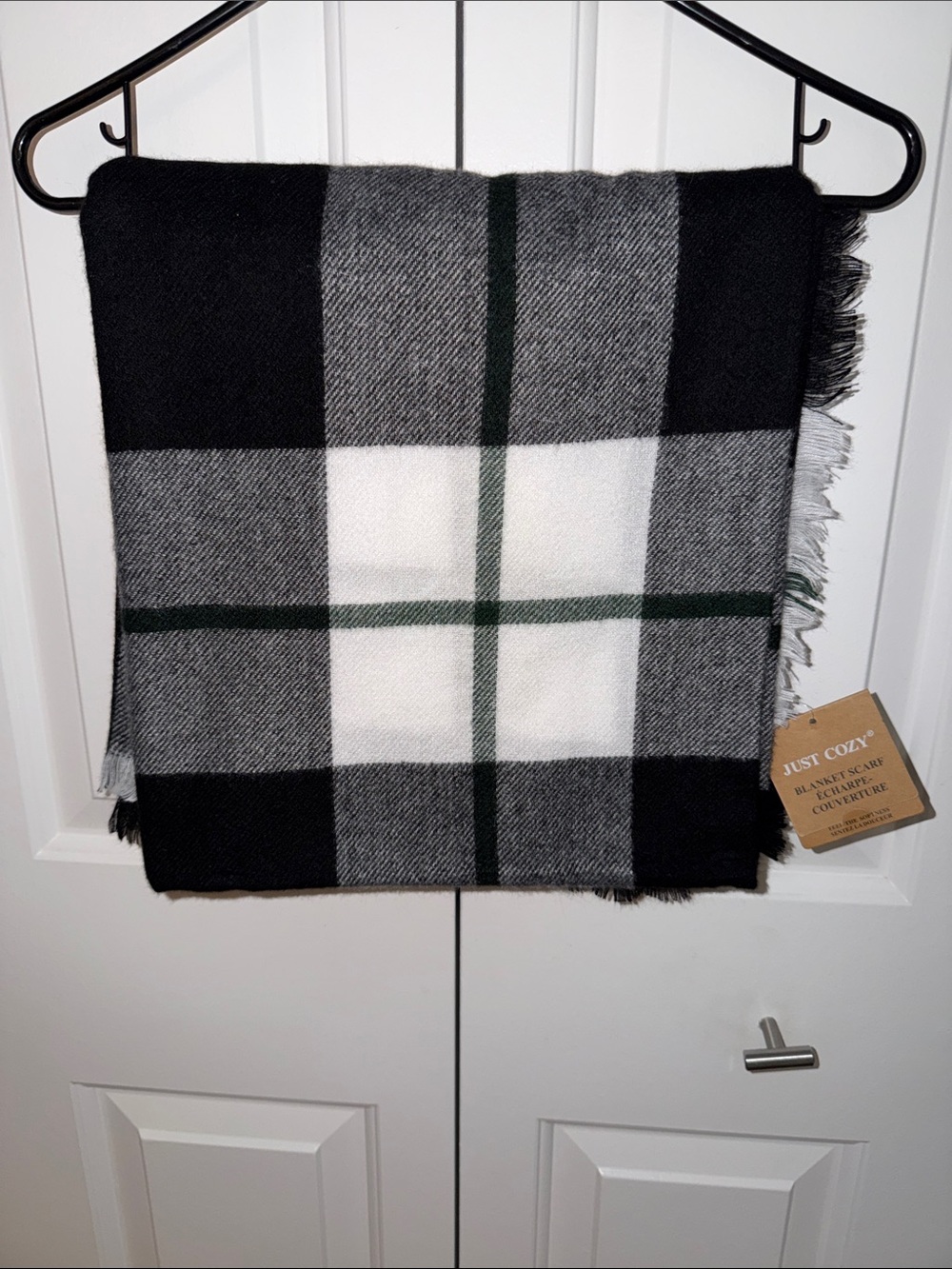 JUST COZY Black, Gray, Green, & White Plaid Blanket Scarf